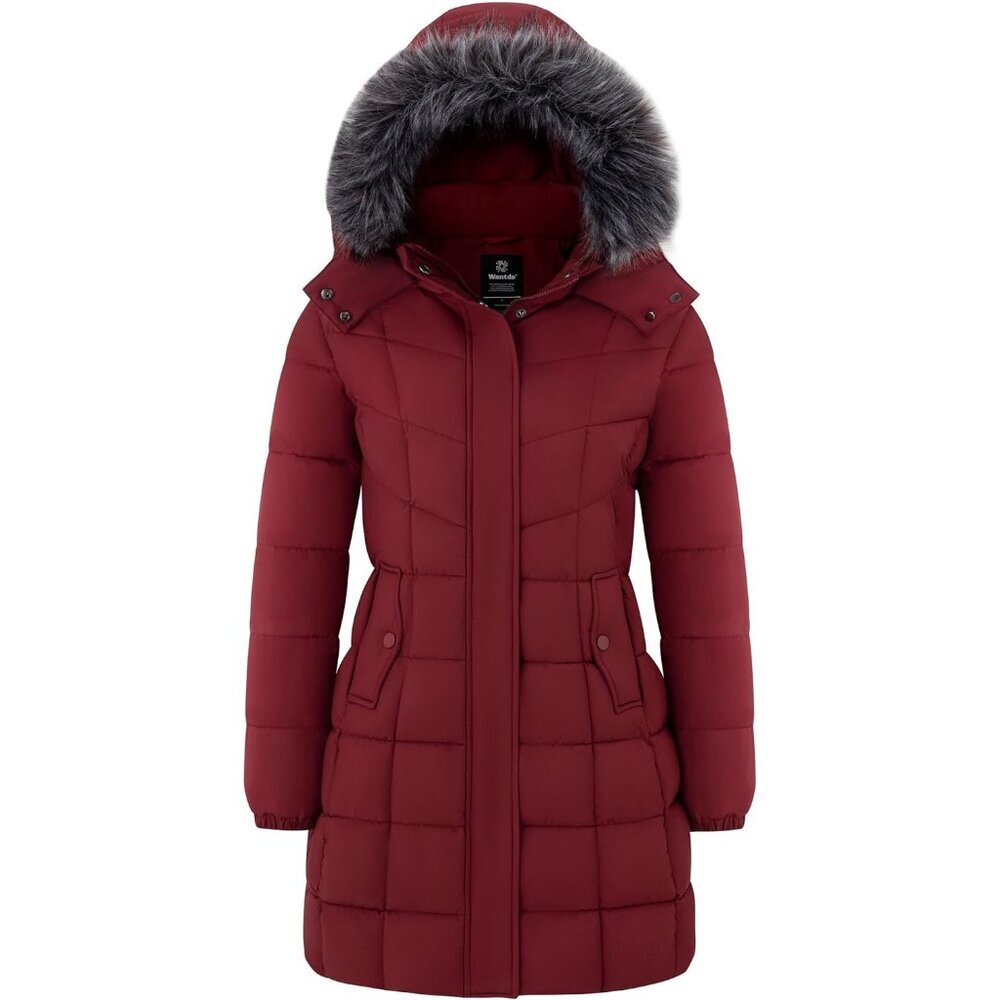 Women's Puffer Jacket Coat Red Lightweight Windproof Winter Faux Fur Design